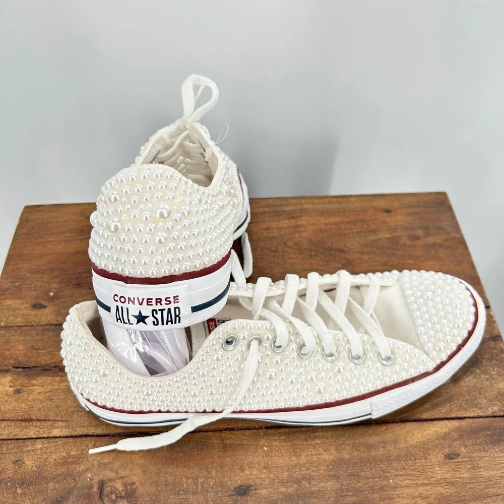 Converse All Star Pearl Embellished Low  Sneakers Ivory Bridal‎ Shoes Womens 8.5